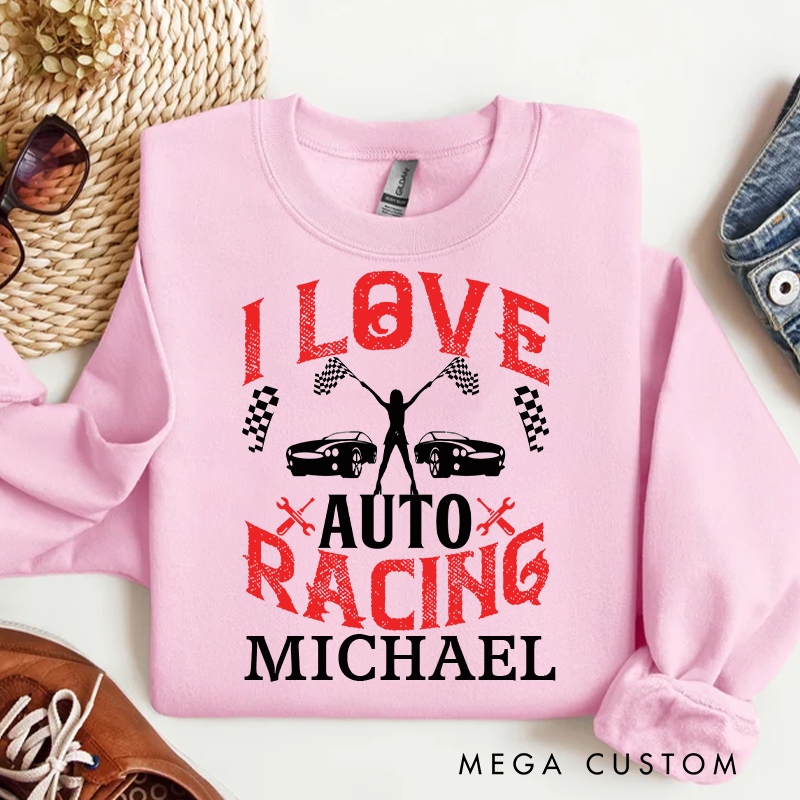 Personalized Long-Sleeve Sweatshirt Custom I Love Auto Racing Design Moto Crewneck Sweatshirt 