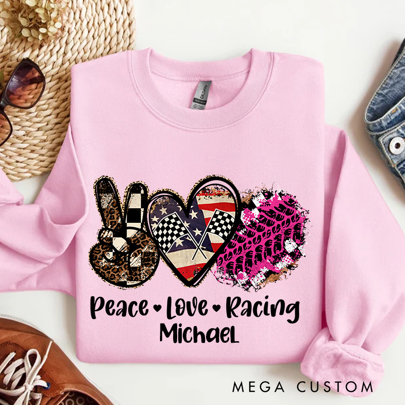 Personalized Racing Themed Heart & Peace Sign Sweatshirt Custom Name Sweatshirt
