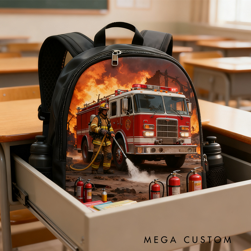 Personalized Firefighter Themed Backpack Custom Heroic Design with Fire Truck Backpack
