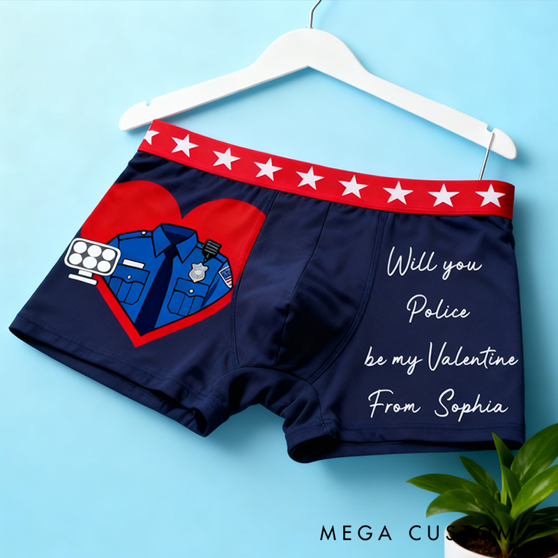 Personalized Police Themed Boxer Briefs Custom Will You Police Be My Valentine Boxer Brief Underwear 