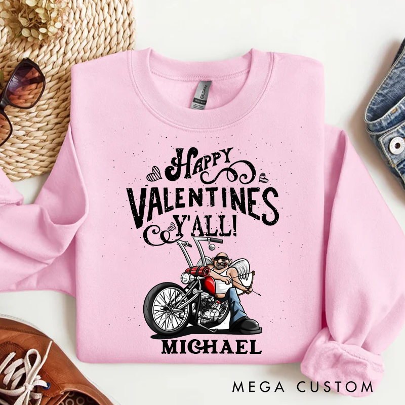 Personalized Happy Valentines Y'all Design Sweatshirt Custom Biker Cupid Sweatshirt