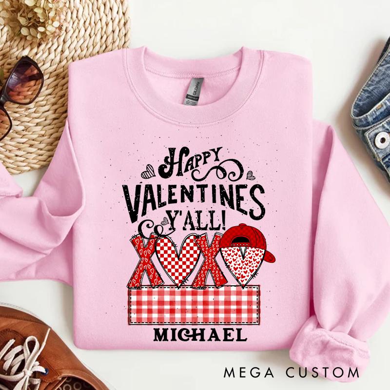 Personalized Happy Valentines Y'all Gingham XOXO Sweatshirt Custom Name Sweatshirt Valentine's Day