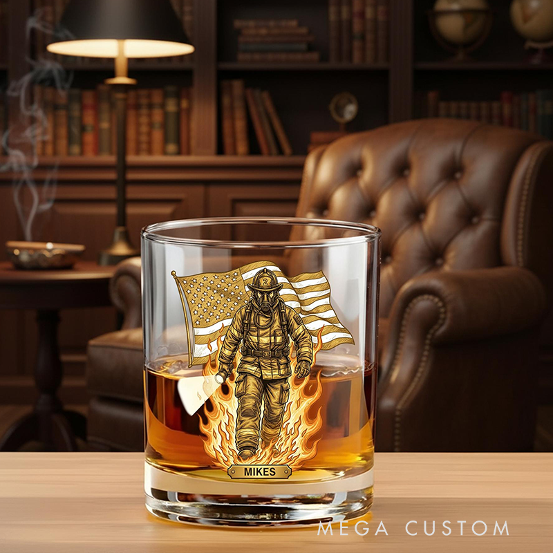 Personalized Whiskey Glass with Firefighter and Flag Custom Drinkware for Firefighter