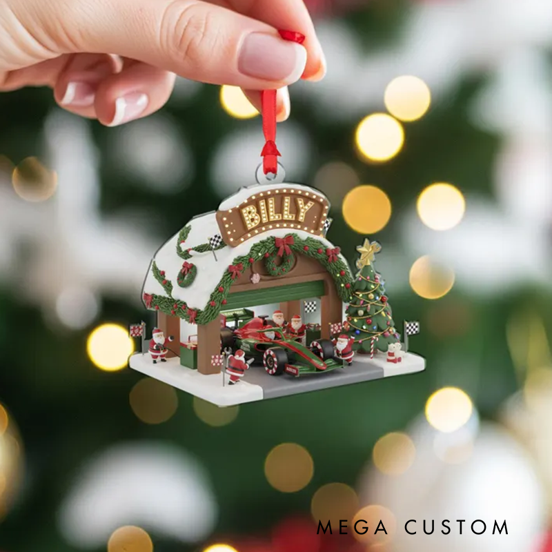 Personalized Racing Garage Ornament Custom Name Race Car Christmas Decor