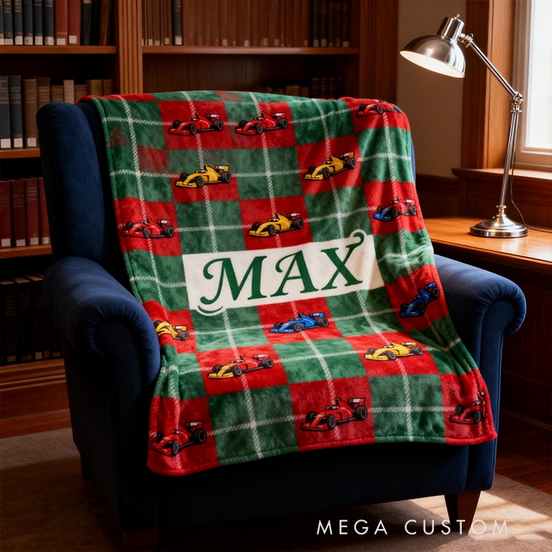 Personalized Racing Themed Blanket Custom Name Number Soft Cozy Sherpa Fleece Throw Blankets Sport Gift