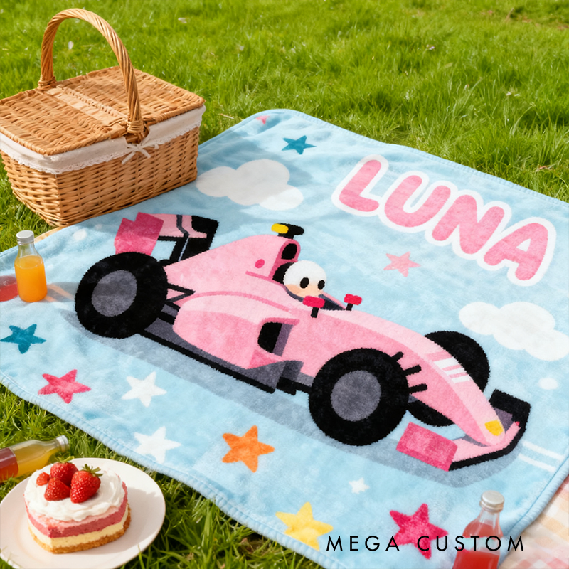 Personalized Pink Racing Car Blanket Custom Name Soft Cozy Sherpa Fleece Throw Blankets Sport Gift