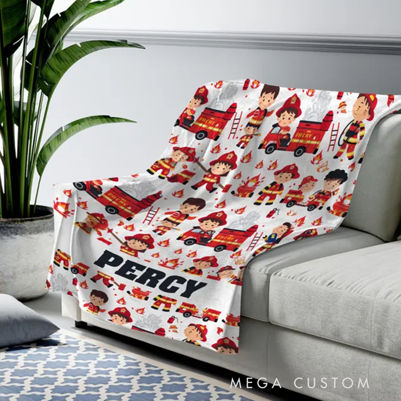 Personalized Firefighter Kids Blanket Customized Fireman Blanket Custom Name Blanket Boy Birthday Gift