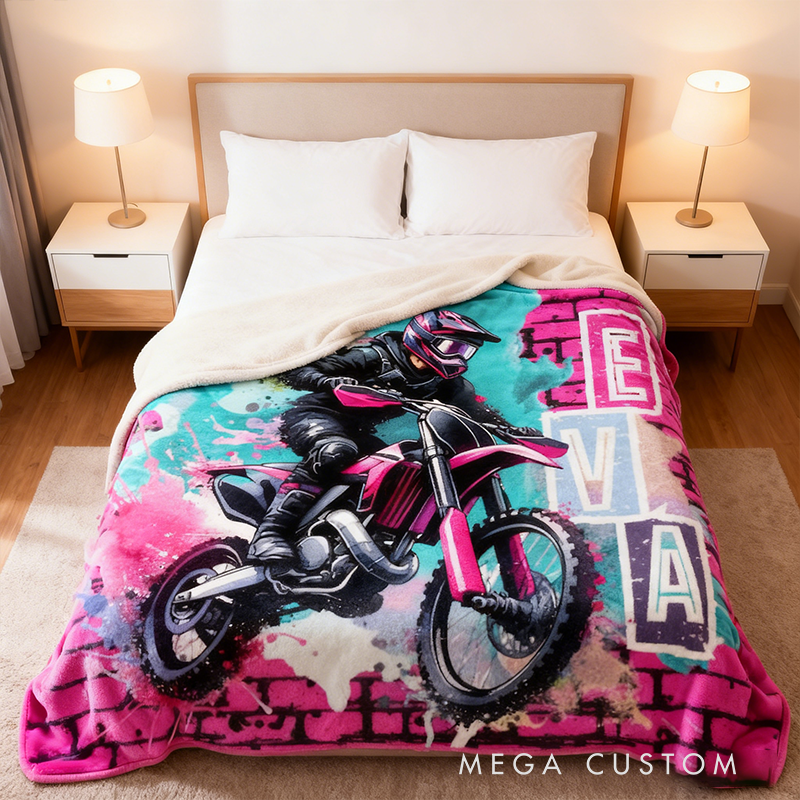 Personalized Pink Motocross Christmas Blanket Racing Lover Blanket Xmas Gift