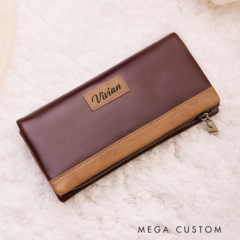 Personalized Leather Wallet for Women Engraved Leather Wallet with Name Women Slim Wallet Clutch Purse Leather Wallet With Zipper Unique Gift for Her Birthday Gifts