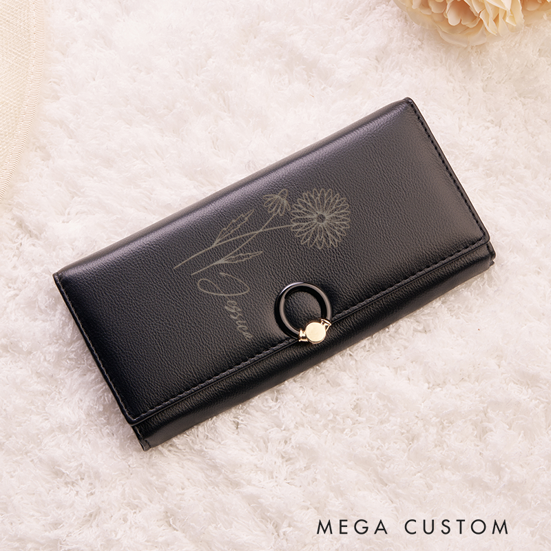 Personalized Leather Wallet For Her Birth Flower Wallet with Name Engraved Wallet For Women Leather Purse Birthday Gift For Her Gift For Mother Bridesmaid Gift Christmas Gift