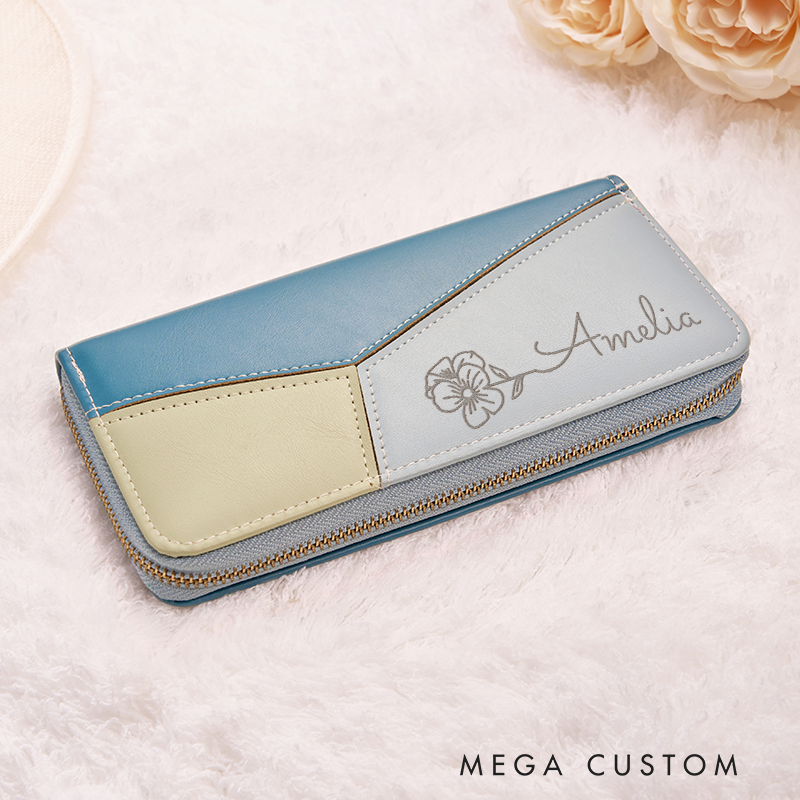 Personalized Leather Wallet for Women Engraved Birth Flower Wallet Women Slim Wallet With Tassel Clutch Purse Unique Gift for Her Birthday Gifts for Women