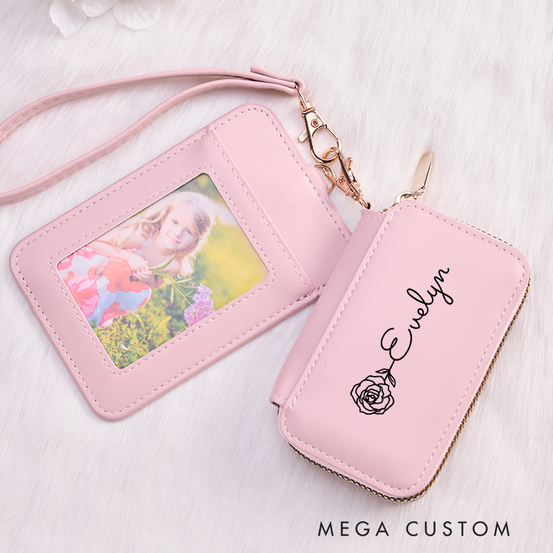 Personalized Leather Wallet for Girl Birth Flower Wallet for Her Zipper Wallet Card Holder Wallet Purse Wallet Cute wallet Women's Purse Unique Gift for Her Birthday Gifts