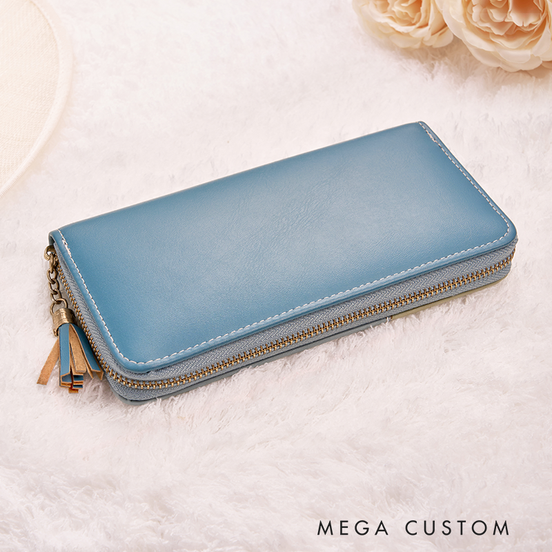 Personalized Leather Wallet for Women Engraved Birth Flower Wallet Women Slim Wallet With Tassel Clutch Purse Unique Gift for Her Birthday Gifts for Women