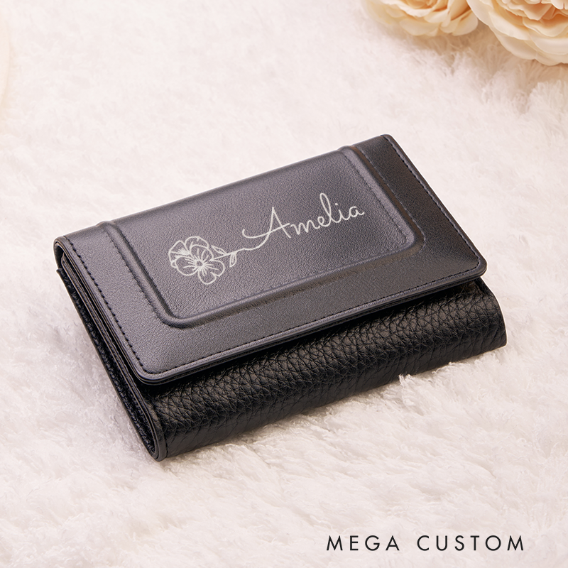 Personalized Leather Wallet For Her Birth Flower Wallet with Name Engraved Wallet For Women Leather Purse Birthday Gift For Her Gift For Mother Bridesmaid Gift Christmas Gift