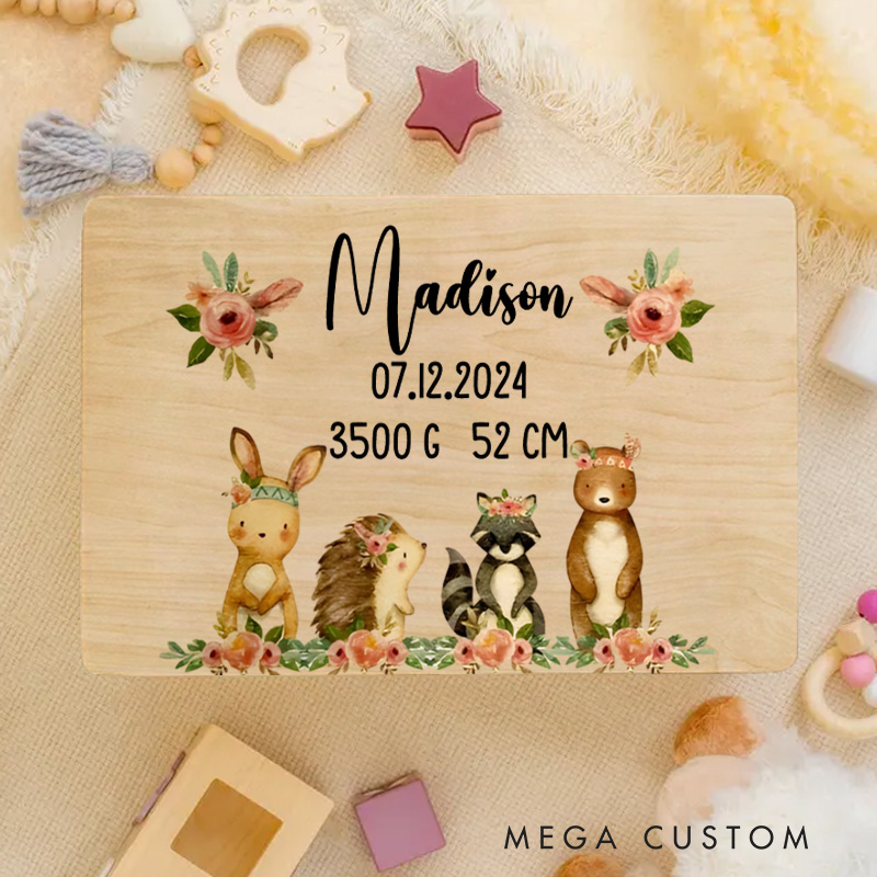Personalized Woodland Animal Illustration Featuring Fox Hedgehog and Squirrel with Floral Accents Keepsake Memory Box