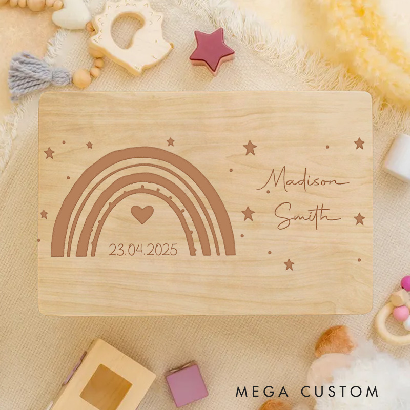 Personalized Pastel Rainbow Illustration with Star and Heart Accents for Storing Precious Baby Memories Keepsake Memory Box