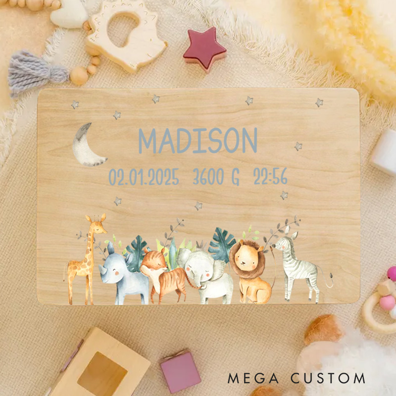 Personalized Animal Parade Illustration Featuring Moon and Nature Accents for Treasured Baby Memories Keepsake Memory Box