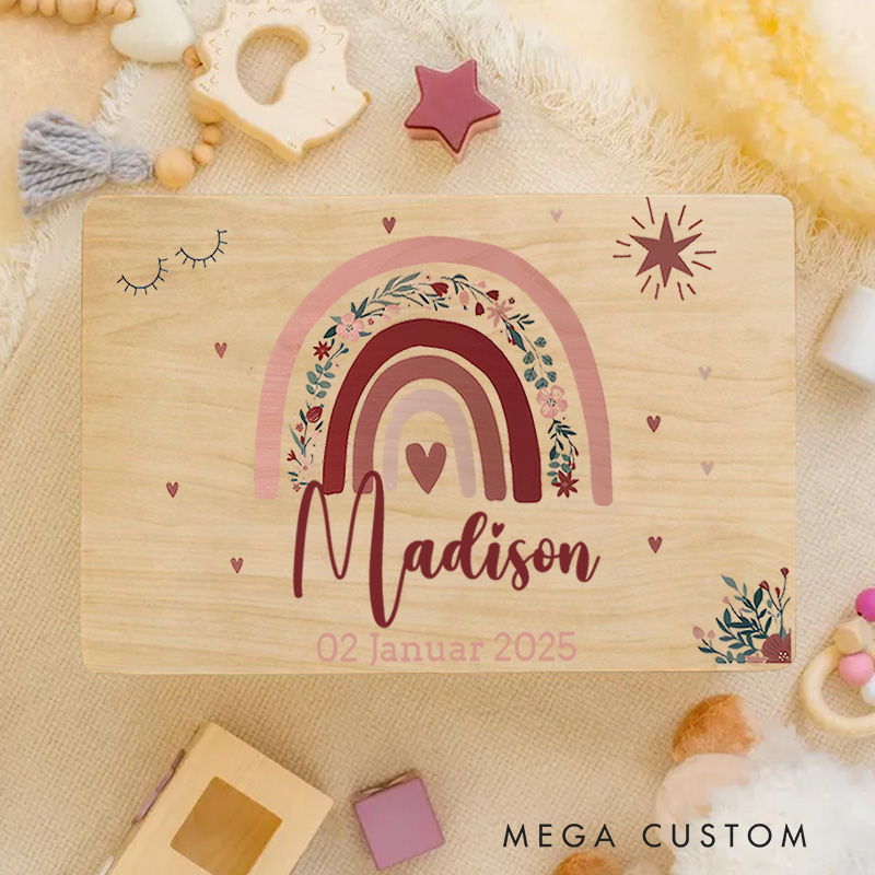Personalized Earthy Rainbow Illustration with Whimsical Star and Floral Accents for Special Memories Keepsake Memory Box