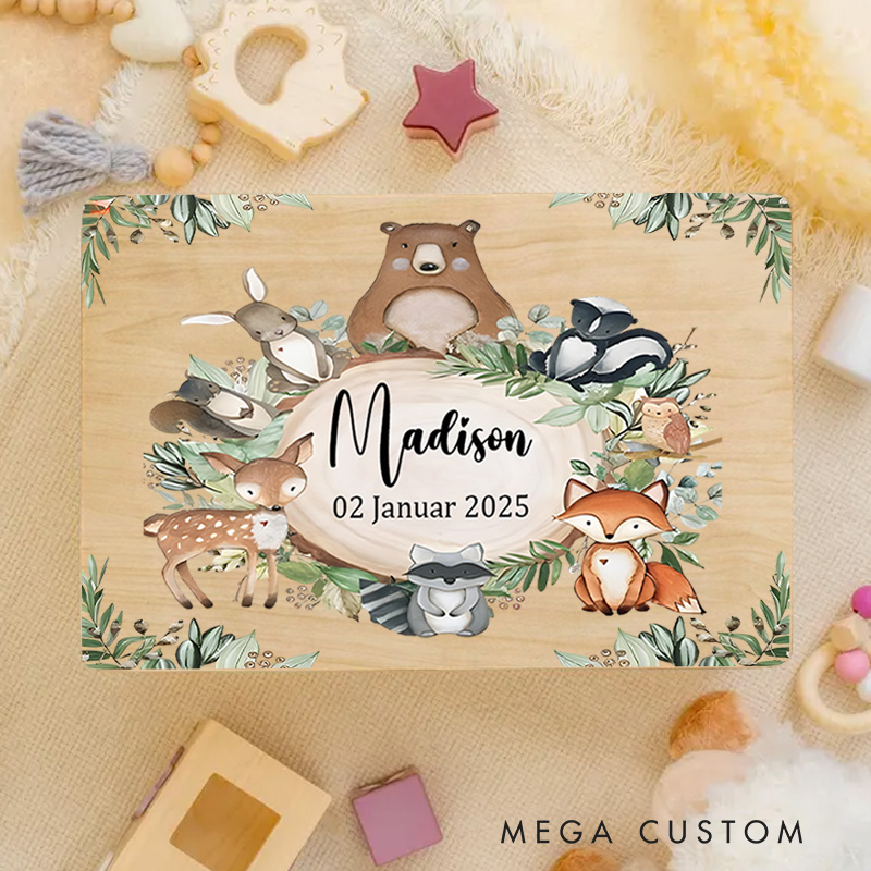 Personalized Woodland Animal Illustration Featuring Fox Bear and Rabbit with Baby Details for Precious Keepsakes Keepsake Memory Box
