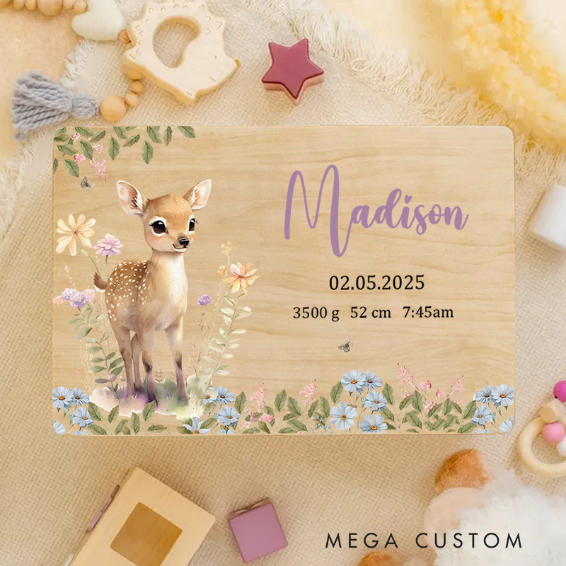Personalized Baby Deer Illustration Surrounded by Delicate Floral Accents for Storing Cherished Childhood Memories Keepsake Memory Box