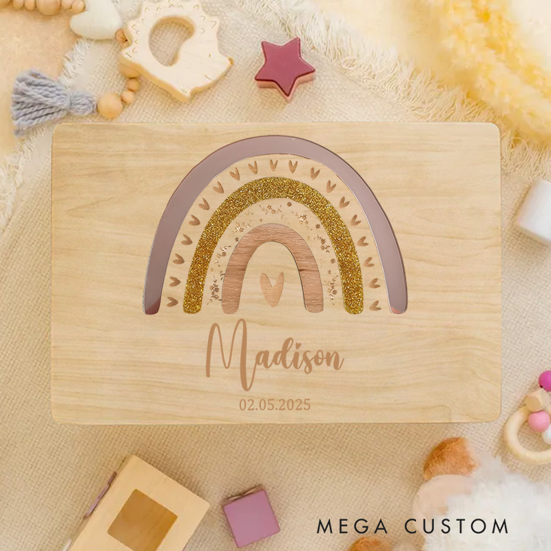 Personalized Earthy Rainbow Illustration Featuring Heart and Decorative Patterns for Treasured Baby Keepsakes Keepsake Memory Box