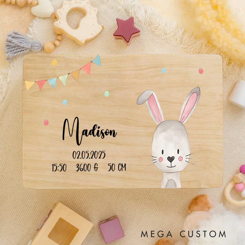 Personalized Rabbit Illustration with Birth Details Featuring Playful Bunting for Cherished Childhood Memories Keepsake Memory Box