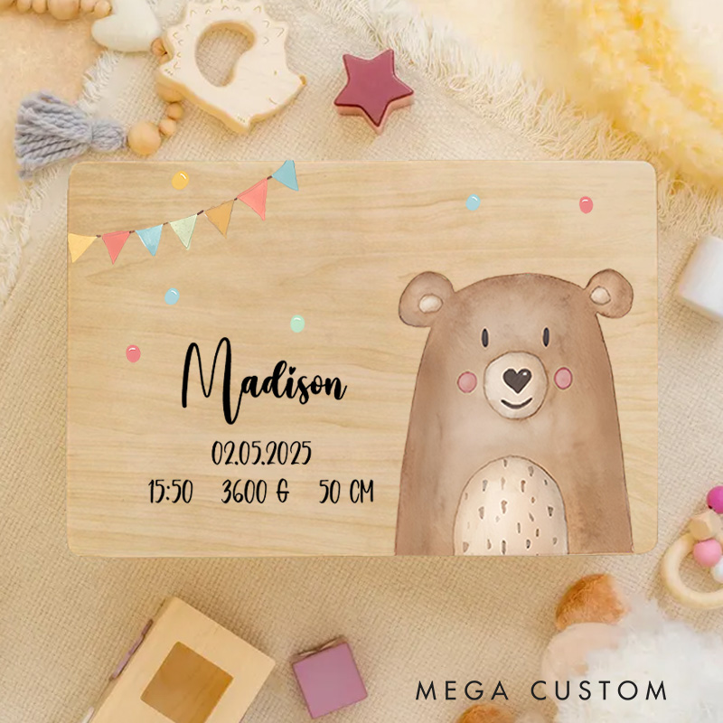 Personalized Bear Illustration with Birth Details Surrounded by Playful Bunting for Treasured Baby Keepsakes Keepsake Memory Box