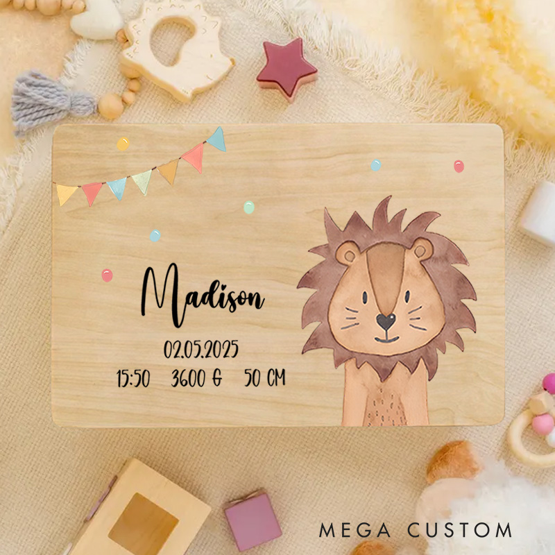 Personalized Lion Illustration with Birth Details Featuring Colorful Bunting for Celebrating Special Moments Keepsake Memory Box