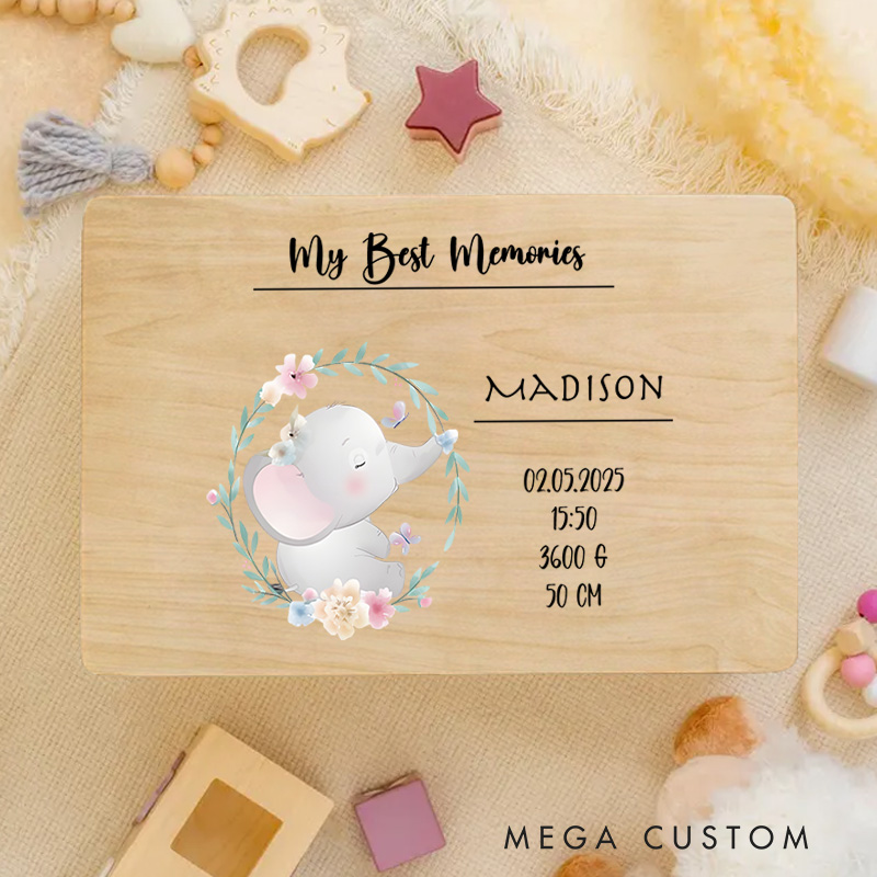 Personalized Birth Announcement with Baby Details Featuring Whale Illustration and Floral Accents Keepsake Memory Box