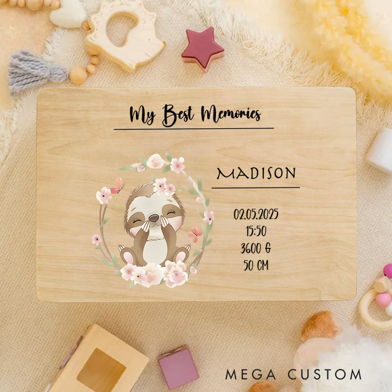 Personalized Woodland Owl Illustration with Birth Details Surrounded by Delicate Floral Accents Keepsake Memory Box