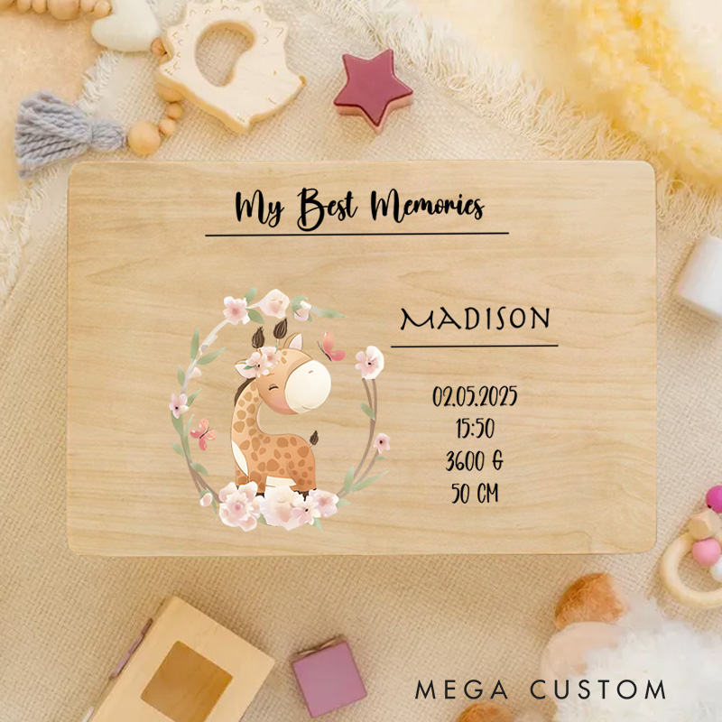 Personalized Fox Illustration with Birth Details Surrounded by Floral Accents for Special Baby Memories Keepsake Memory Box