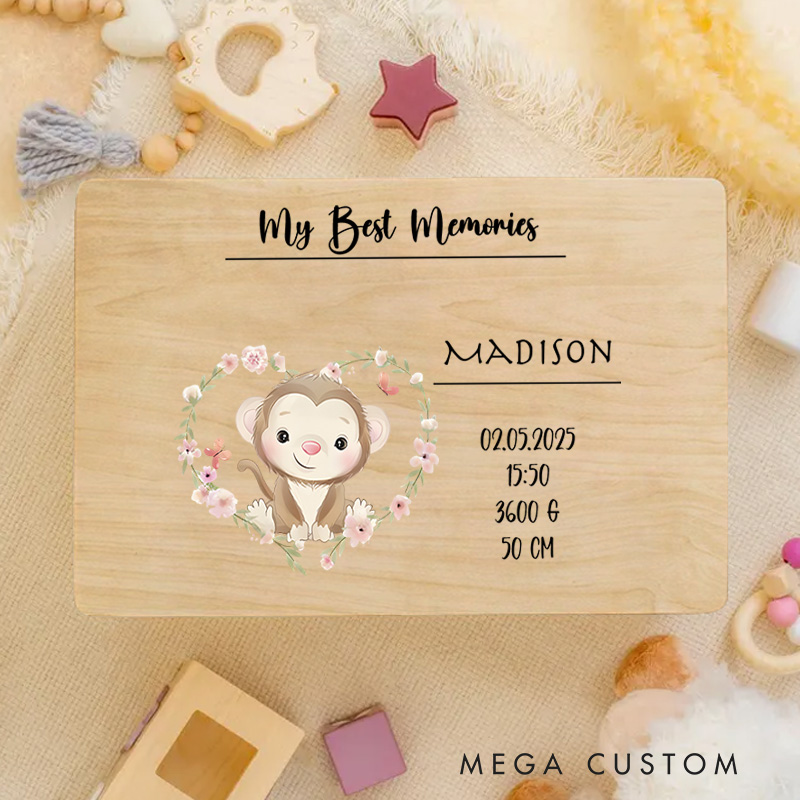 Personalized Monkey Illustration with Birth Details Surrounded by Floral Accents for Treasured Childhood Keepsakes Keepsake Memory Box