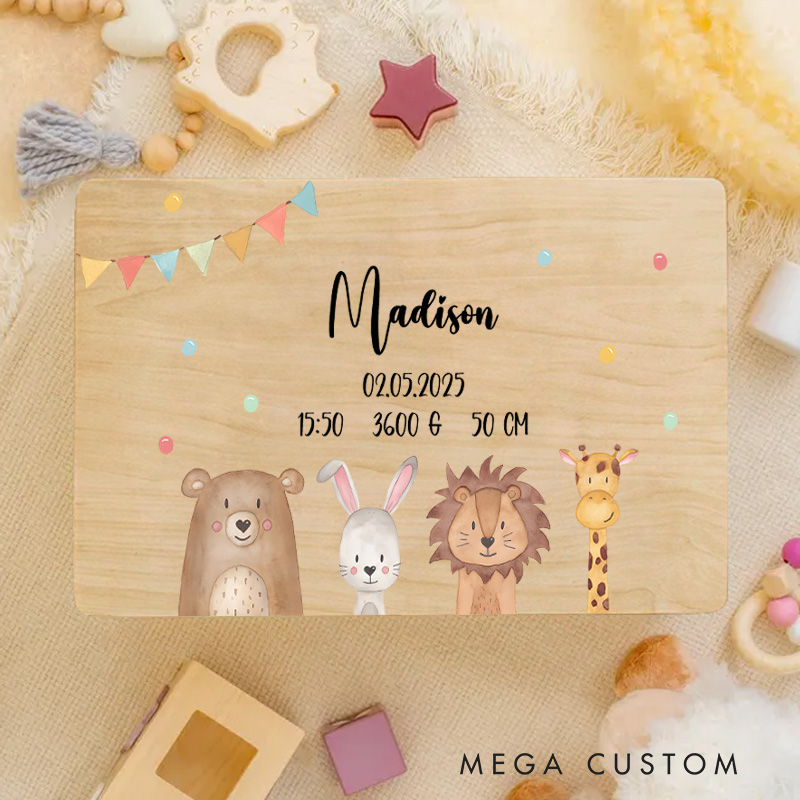 Personalized Woodland Animal Illustration Featuring Bear Rabbit Lion and Giraffe with Playful Accents for Cherished Memories Keepsake Memory Box