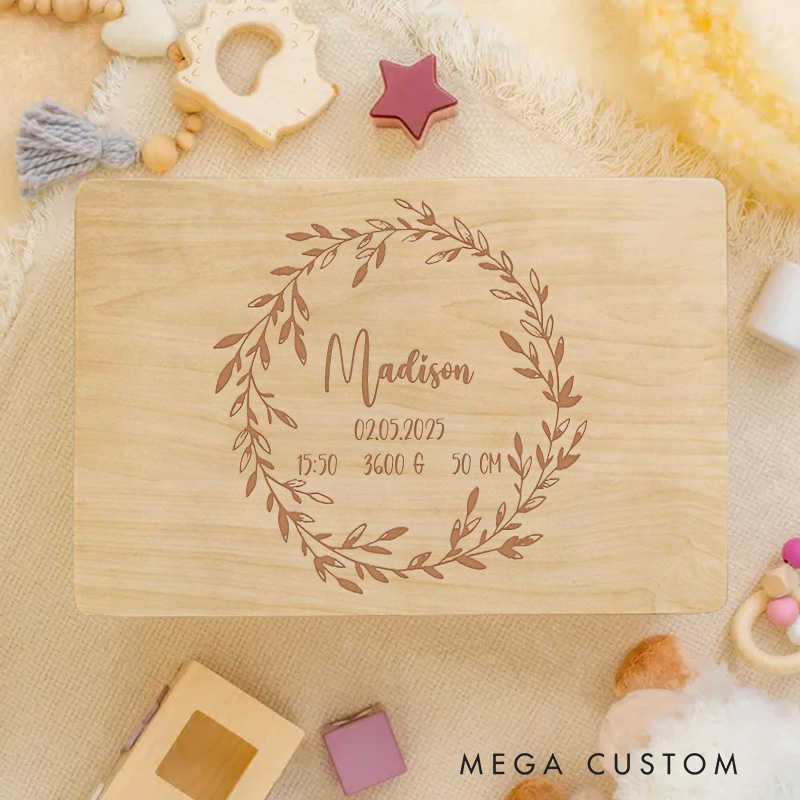 Personalized Birth Announcement with Elegant Floral Wreath Featuring Baby Details for Treasured Keepsakes Keepsake Memory Box