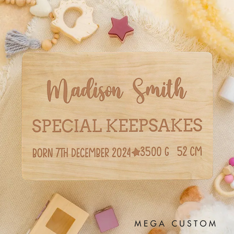 Personalized Birth Announcement Featuring Baby Details with Special Keepsakes Highlight for Treasured Memories Keepsake Memory Box