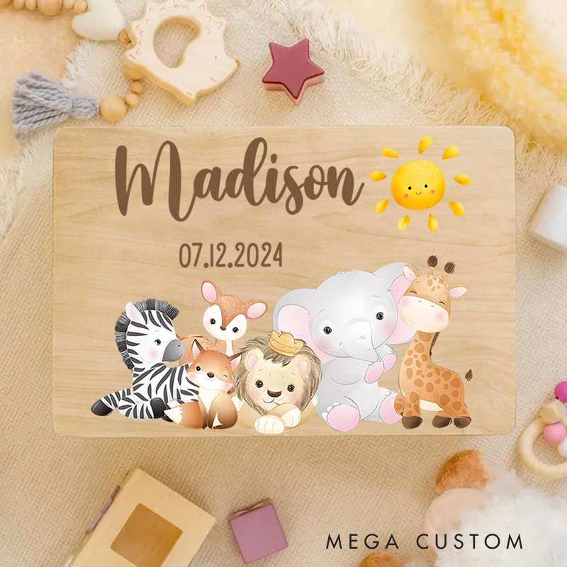 Personalized Animal Group Illustration Including Elephant Lion Giraffe and Zebra with Baby Details for Cherished Memories Keepsake Memory Box