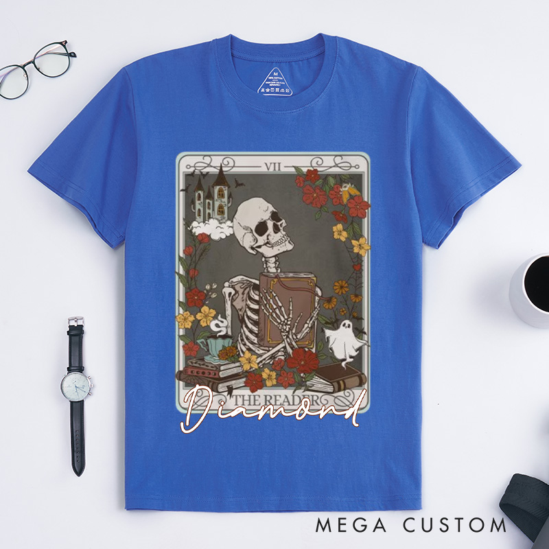 Personalized the Reader Tarot Card Crewneck Classic T-Shirts Skeleton Shirt Book Lover Shirt Bookish Shirt Librarian Shirt Reading Shirt