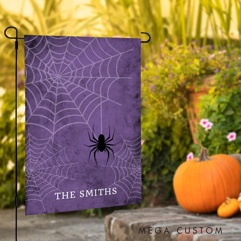 Personalized Spooky Spiderweb Garden Flag with Text Yard Porch Outdoor Decor Halloween Gift for Family Gardening Lovers Gift