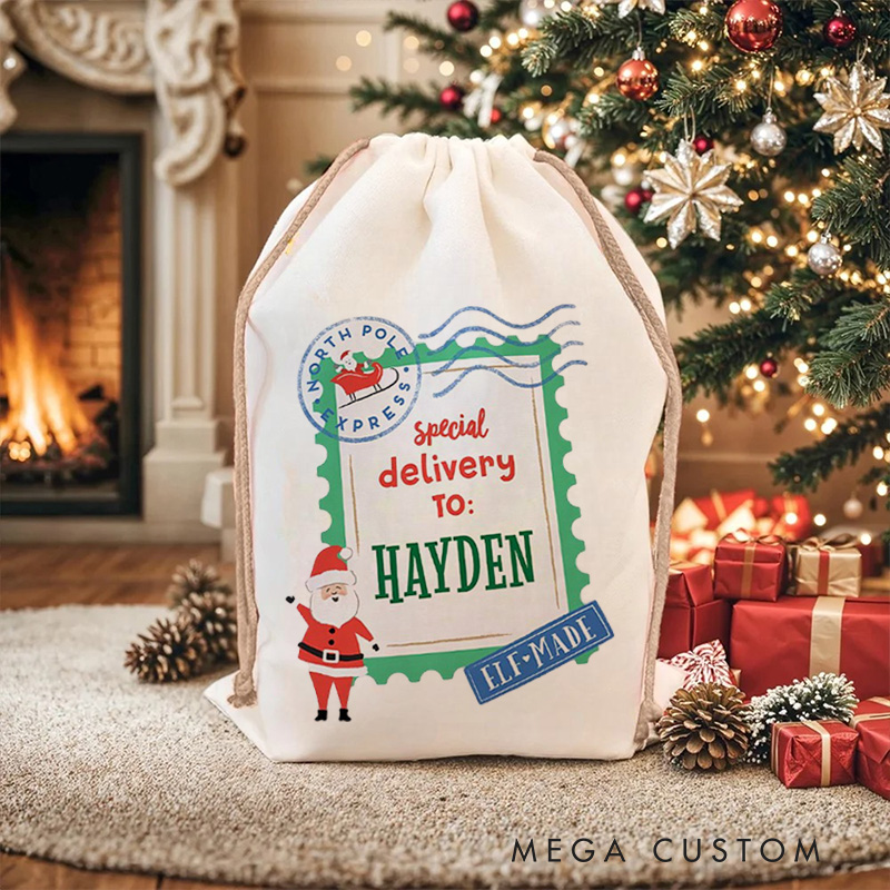Personalized Special Delivery Christmas Bag with Elf Design and Name for a Magical Holiday Gift Experience