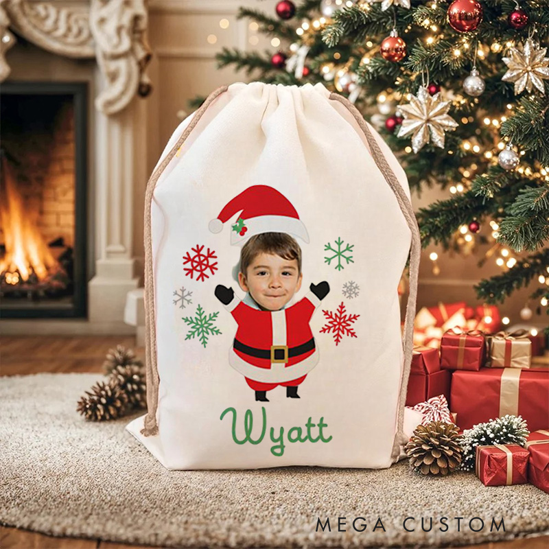 Personalized Photo Face Christmas Bag with Festive Elf Outfit and Name for a Joyful Holiday Surprise