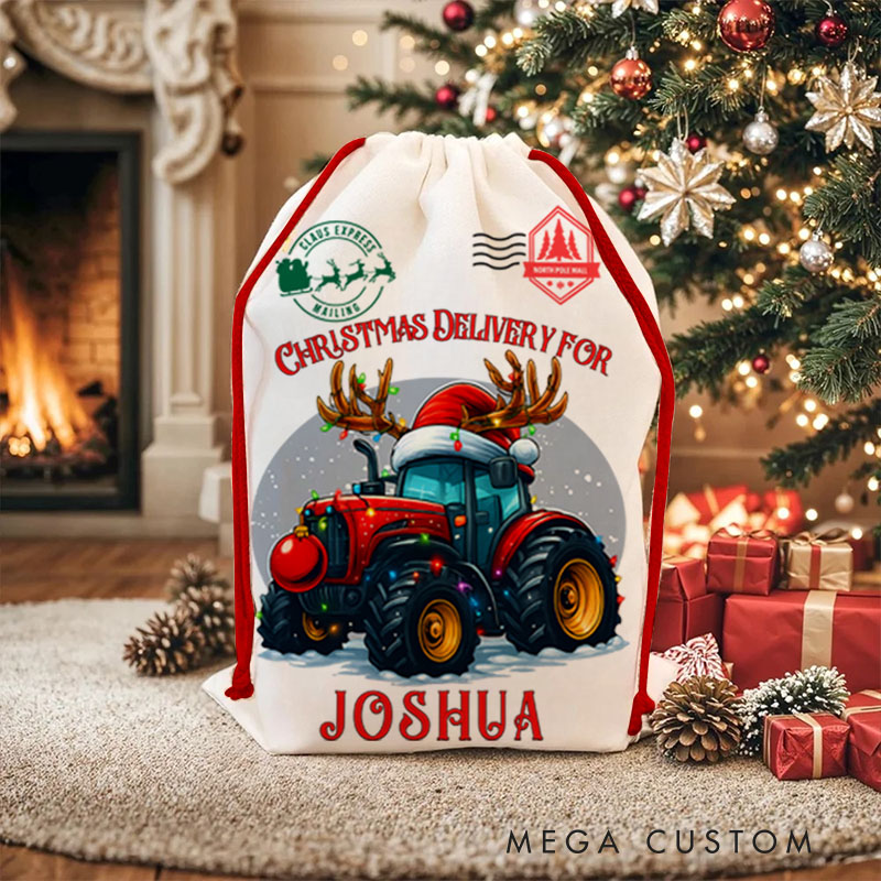 Personalized Festive Tractor Christmas Bag with Reindeer Antlers and Name for a Joyful Holiday Delivery