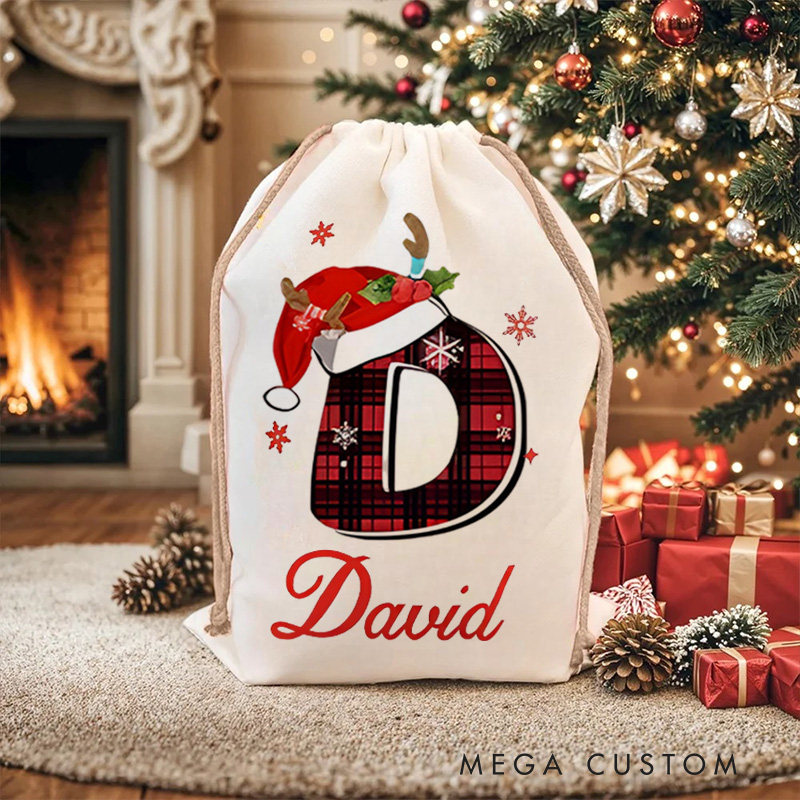 Personalized Plaid Initial Christmas Bag with Festive Santa Hat and Custom Name for Holiday Gift Giving