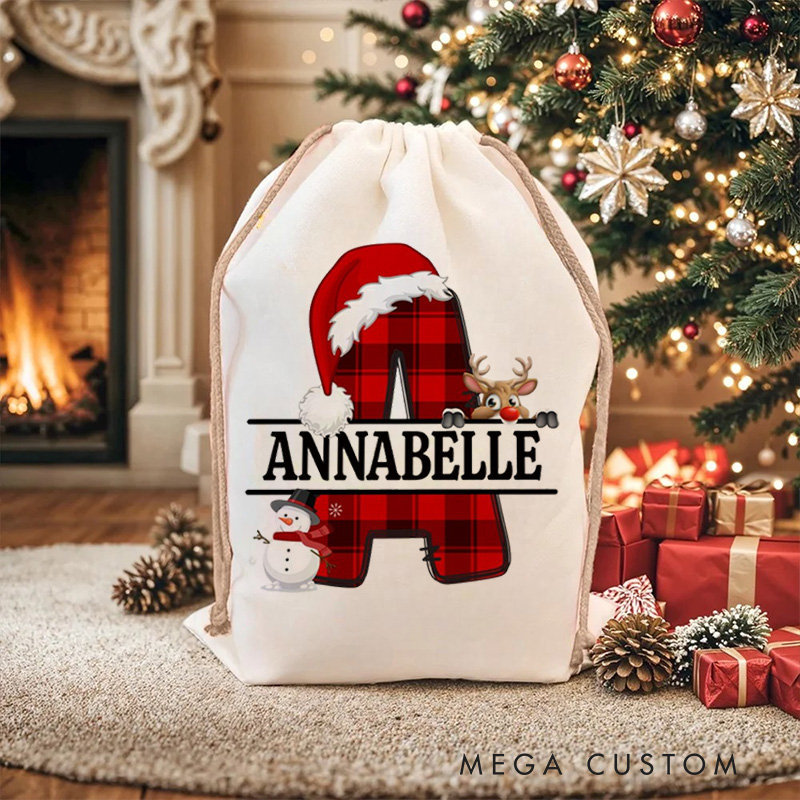 Personalized Plaid Initial Christmas Bag with Santa Hat Reindeer and Snowman Accents for Holiday Joy