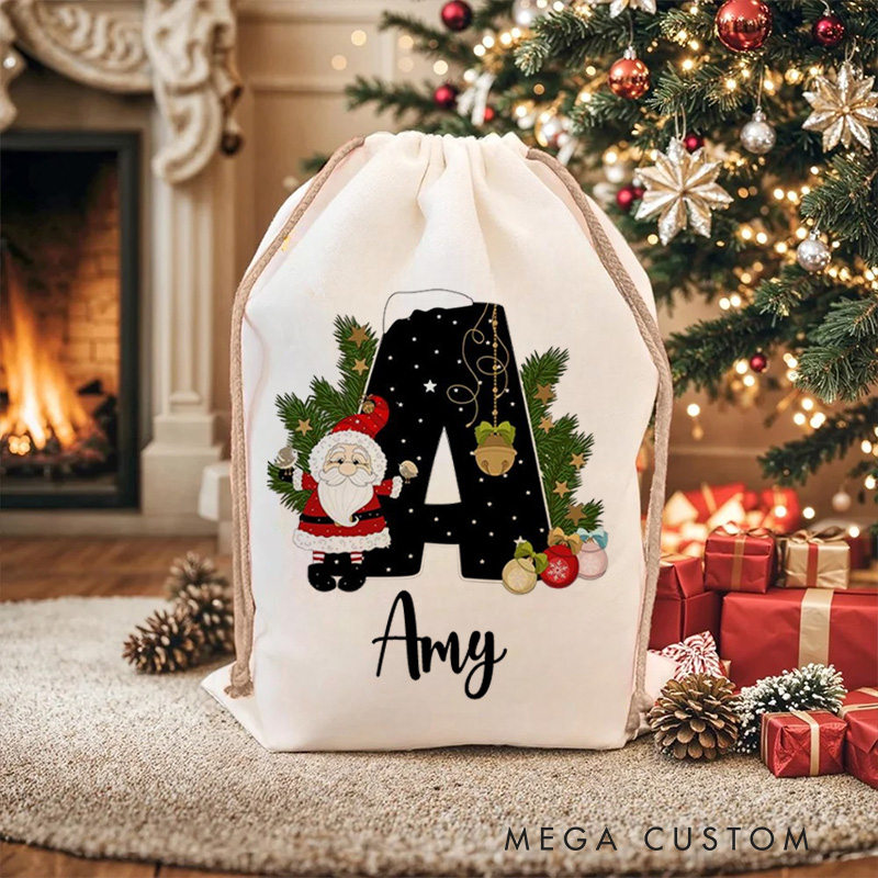 Personalized Elegant Initial Christmas Bag with Festive Decorations and Custom Name for Holiday Gift Giving