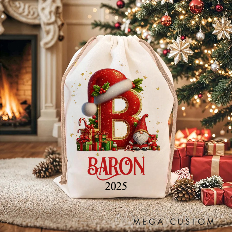 Personalized Festive Initial Christmas Bag with Santa Hat and Custom Name for Joyful Holiday Gift Giving Christmas Bag