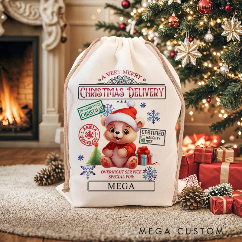 Personalized Teddy Bear Express Delivery Christmas Bag with Festive Stamps and Name for a Joyful Holiday Gift