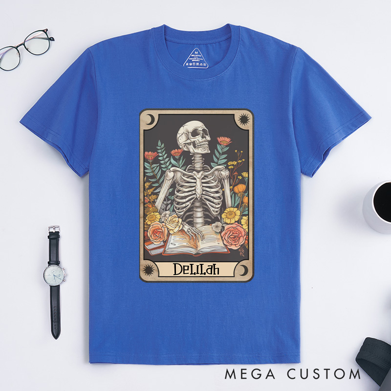 Personalized The Reader Tarot Card Classic T-Shirts Skeleton Reading Shirt Unisex Tarot Card Shirt Book Lover Gift Bookish Gift
