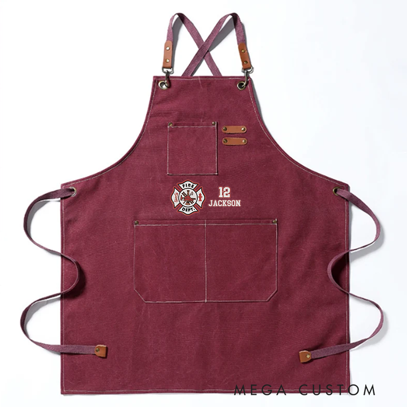 Personalized Firefighter Canvas Apron with Custom Name and Number Gift for Firefighters