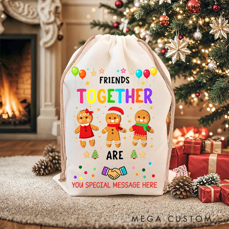 Personalized Gingerbread Friends Together Holiday Gift Sack Colorful Balloons Stars Friendship Joyful Festive Spirit Christmas Bag