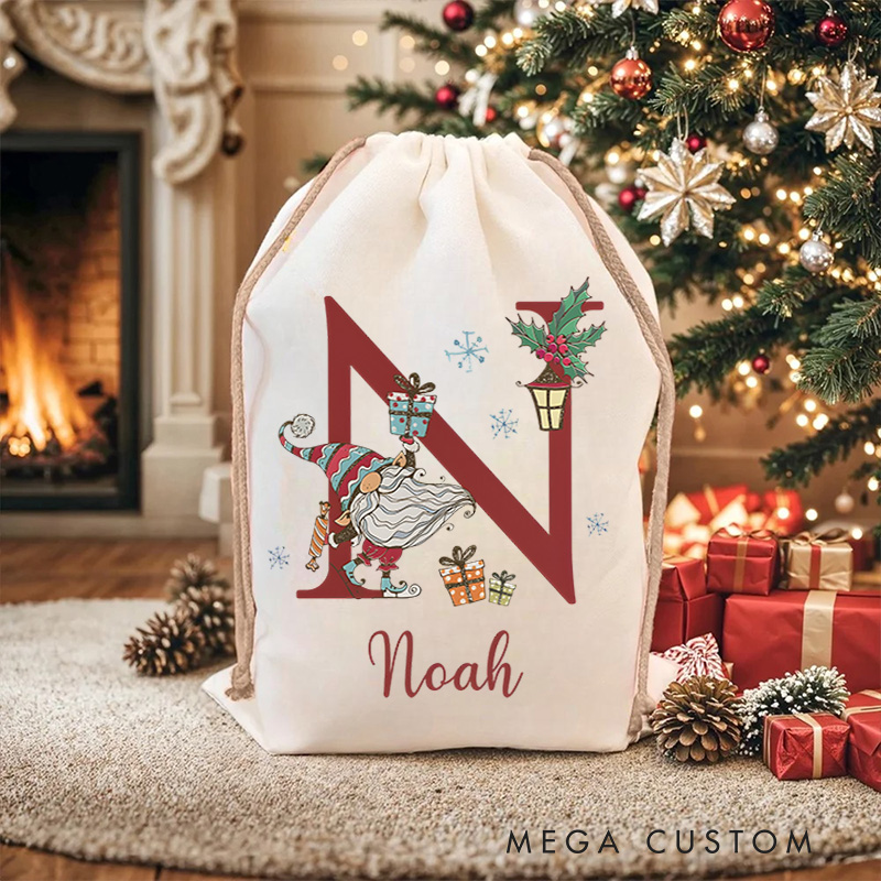 Personalized Cute Gnome Initial Letter Holiday Gift Sack Festive Custom Name Santa Style Joyful Holiday Magic Christmas Bag